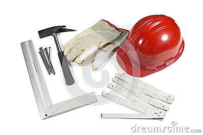 Construction Tools - Protective Hardhat, Gloves, Hammer, Nails And Straightedge Isolated On White Stock Photo
