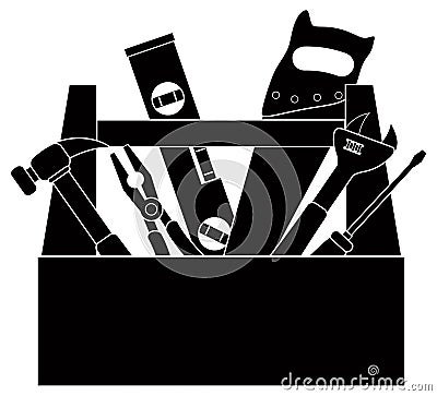 Construction Tools in Tool Box Black and White Vector Illustration Vector Illustration