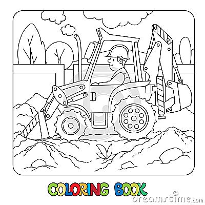 Construction tractor with a driver Coloring book Vector Illustration