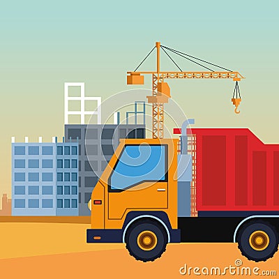Construction truck over under construction scenery background, colorful design Vector Illustration