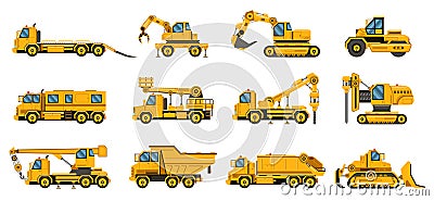 Construction trucks. Equipment building trucks, excavation crane truck, tractors and bulldozers, large engine isolated Vector Illustration