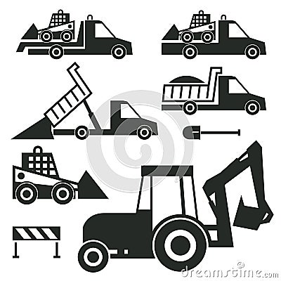 Construction trucks and tractor icons or signs set Cartoon Illustration