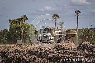 Construction Vehicle - Dump truck with load of dirt in the middle of a Florida wetland Editorial Stock Photo