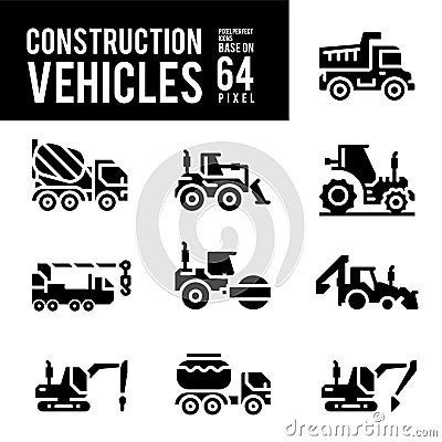 Construction Vehicle and Transport Glyph and Solid Icons. Vector Illustration