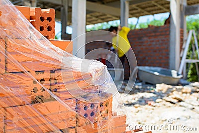 Construction wall Building with brick and cement Stock Photo