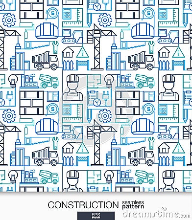 Construction wallpaper. Build connected seamless pattern. Tiling textures with thin line integrated web icons set Vector Illustration