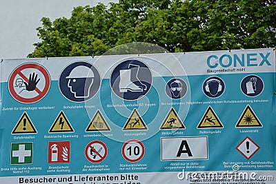 Construction warning german signs with many safety related symbols very detailed construction warning sign Editorial Stock Photo