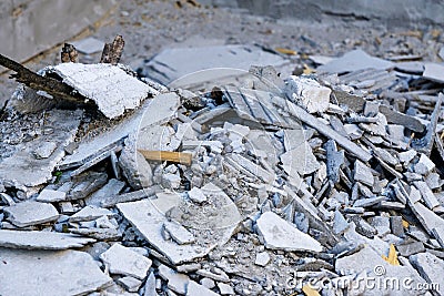 Construction waste. Broken concrete block, garbage bricks, rubble, broken slate, materials from a demolished house Stock Photo