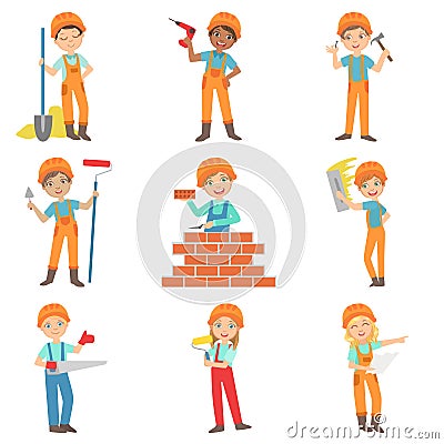 Construction Work And Kids Builders Set Vector Illustration