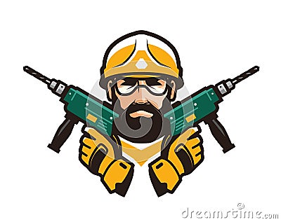 Construction work, repair concept. Builder with tools in hands. Vector illustration Vector Illustration