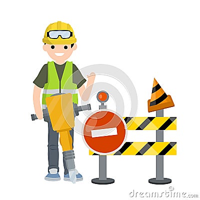 Construction work. road is closed for repairs. Clothing and tools worker Vector Illustration