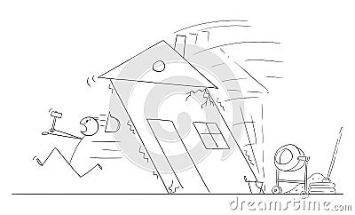 Construction Worker or Builder Running From Collapsing House, Vector Cartoon Stick Figure Illustration Vector Illustration