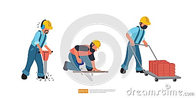Construction Worker Character Set Vector Illustration. Worker with Wheelbarrow Carrying Brick. Road Builder In Headphones Working Vector Illustration