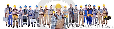 Construction worker with colleagues over white background Stock Photo