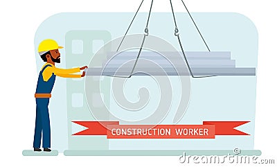 Construction worker. Construction site. Builder with a concrete wall. African american people. Vector. Vector Illustration