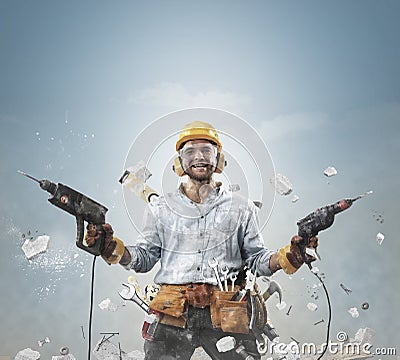 Construction worker in dirty clothes Stock Photo