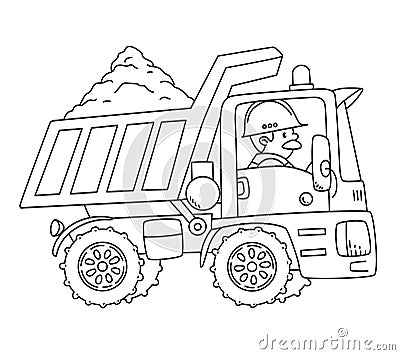 Construction worker in a dump truck. Coloring book Vector Illustration