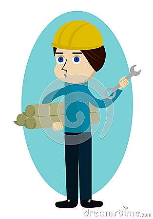 Construction worker, engineer or architect holding projects prints and wrench cartoon character Vector Illustration