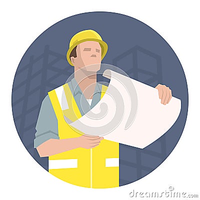 Construction worker, engineer or architect looking at the project plan Vector Illustration