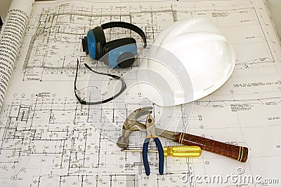 Construction worker equipments and drawing Stock Photo