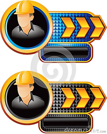 Construction worker on gold arrow checkered banner Vector Illustration