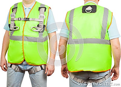 Construction worker in green safety vest isolated on white background Stock Photo