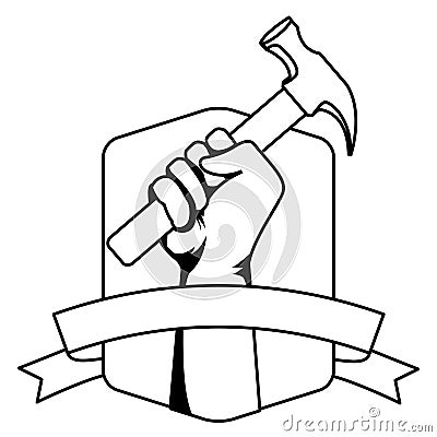 Construction worker hand holding hammer in black and white Vector Illustration