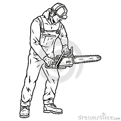 Construction worker in hardhat using chainsaw Vector Illustration