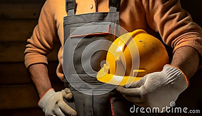 Construction Worker Holding His Orange Safety Helmet - Generative Ai Stock Photo