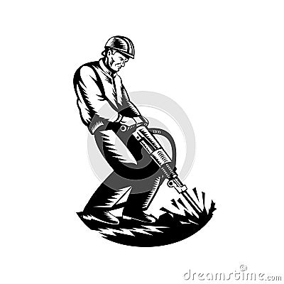 Construction Worker with Jack Hammer Pneumatic Drill Woodcut Retro Black and White Vector Illustration