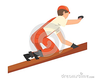 Construction Worker, Male Carpenter Character Wearing Uniform and Protective Helmet Building Wooden Constructions Vector Illustration