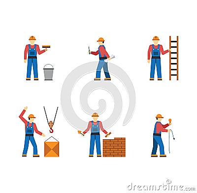 Construction worker people silhouettes icons flat Vector Illustration