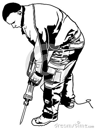 Construction Worker with Pneumatic Hammer Vector Illustration