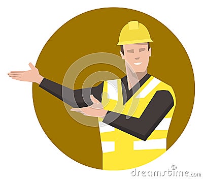 Construction worker presenting. Flat vector illustration. Vector Illustration