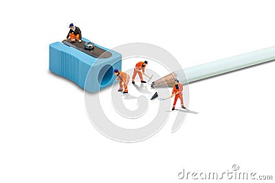 Construction worker repairman working check and repair sharpener pencil damaged. Stock Photo