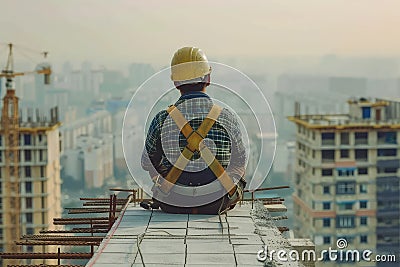 Construction Worker in Safety Gear Installing Roof Tiles with Precision and Care. Stock Photo