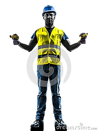 Construction worker signaling safety vest extend b Stock Photo