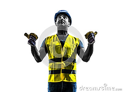 Construction worker signaling safety vest extend boom silhouette Stock Photo