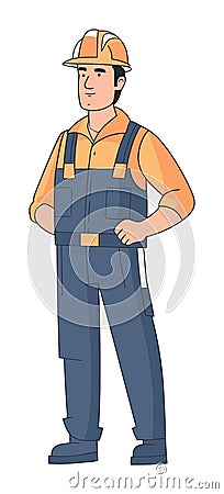 Construction worker standing confidently with safety helmet. Male builder in work clothes and hard hat vector Vector Illustration