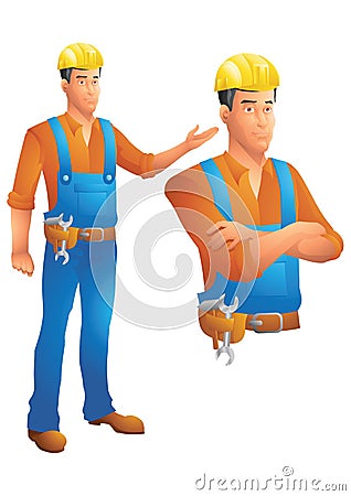 Construction worker standing presenting and bust with arms crossed Vector Illustration