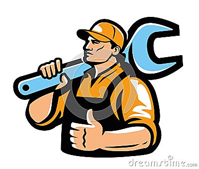 Construction worker with working tool, Builder emblem. Engineer, mechanic with wrench, workshop logo vector Vector Illustration