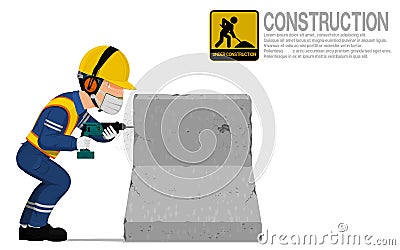 A construction worker is using drilling machine for drilling the concrete barrier Vector Illustration