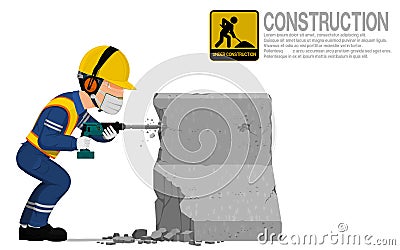 A construction worker is using jack hammer for demolishing the concrete barrier Vector Illustration