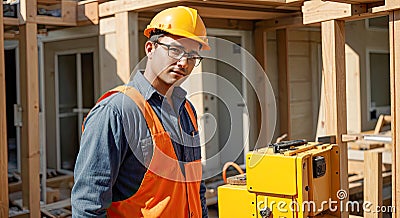 construction worker wearing safety gear while operating heavy machinery on residential site. Generative AI Stock Photo