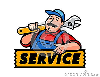 Construction worker with wrench or tool. Service repair, plumbing work emblem. Cartoon plumber vector illustration Vector Illustration