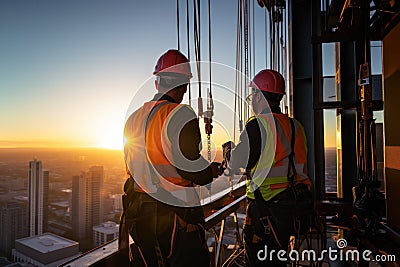 Construction workers adjusting equipment high above the city during a radiant sunset. Stock Photo