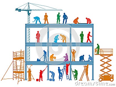 Construction workers build a building Vector Illustration