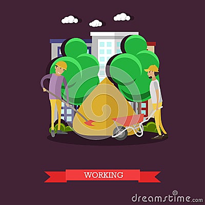 Construction workers, building site concept vector illustration, flat style Vector Illustration