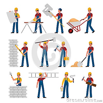 Construction workers. Cartoon builders in helmet work with constructions tools saw, hammer and trowel, shovel and ladder Vector Illustration