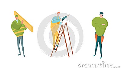 Construction workers characters set. Carpenter with timber, handyman in tools belt, diy man with drill. Vector Illustration